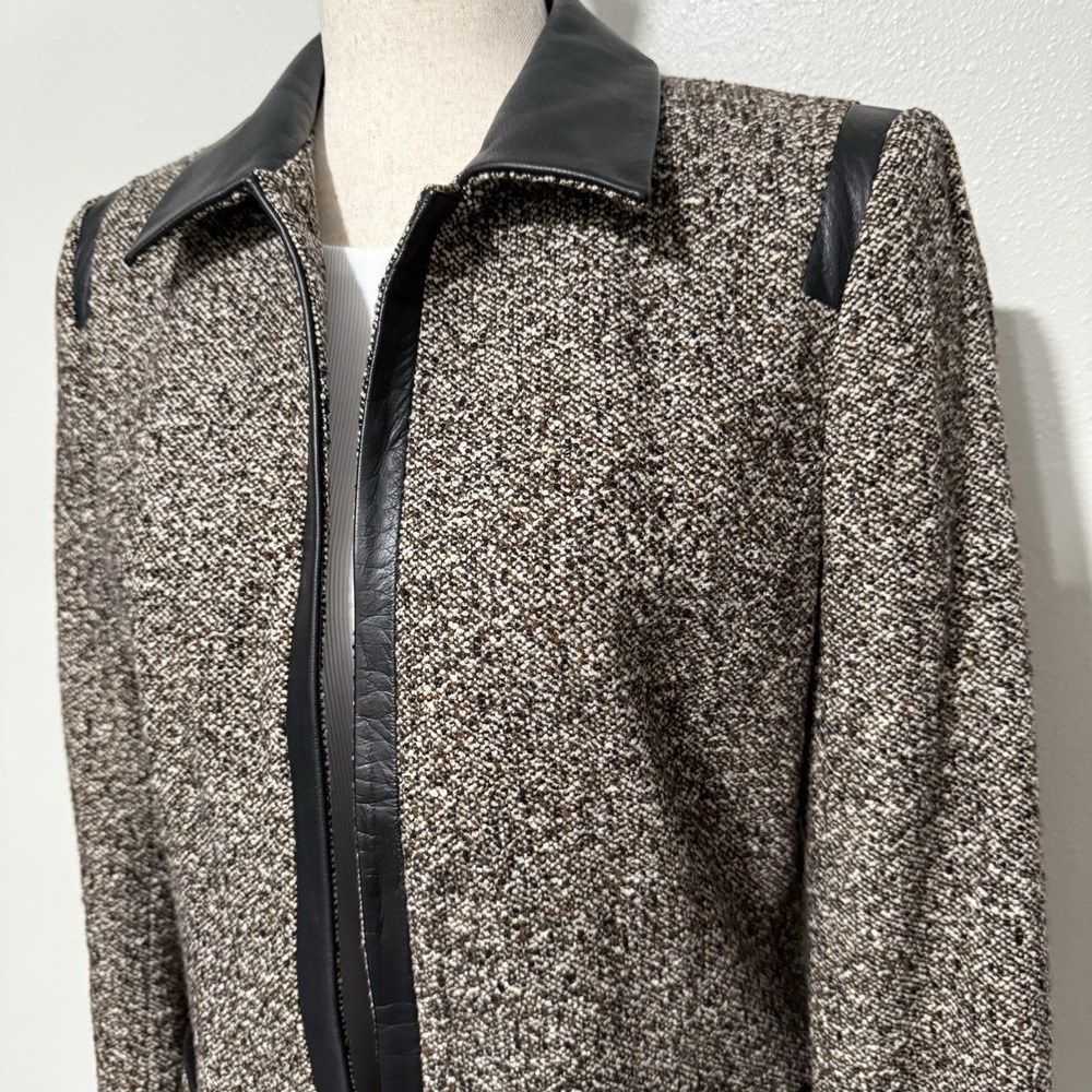 Dana Buchman Wool Blend Open Front Brown Tweed Blazer Black Leather Trim Size 8 - Picture 2 of 11